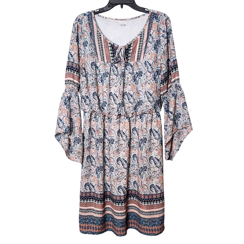 EST. 1946 Women's Dress 14/16W Blue Coral Paisley Print Bell Sleeve Tie Neck